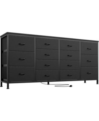 14 Drawer Dresser, 63 in Black Fabric Dresser TV Stand with Power Outlet for 65 70 75 in TV, Long Entertainment Center for Bedroom, Closet