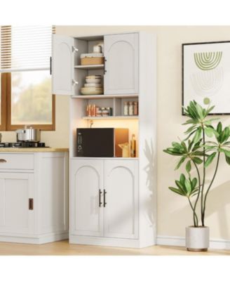 Kitchen Pantry Cabinet with RGB Light, Tall Kitchen Hutch Bar Cabinet with Microwave Stand, Farmhouse Large Wood Storage Cabinet