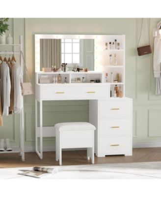 Makeup Vanity Desk Mirror and 10 LED Light Bulbs - White Dressing Table for Bedrooms, Apartments, Easy to Assemble