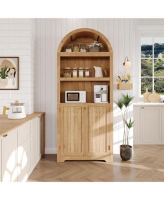 72" Modern Natural Arched Cabinet with Gold Handles – 5-Tier Wooden Pantry Cabinet with Double Doors & Adjustable Shelves