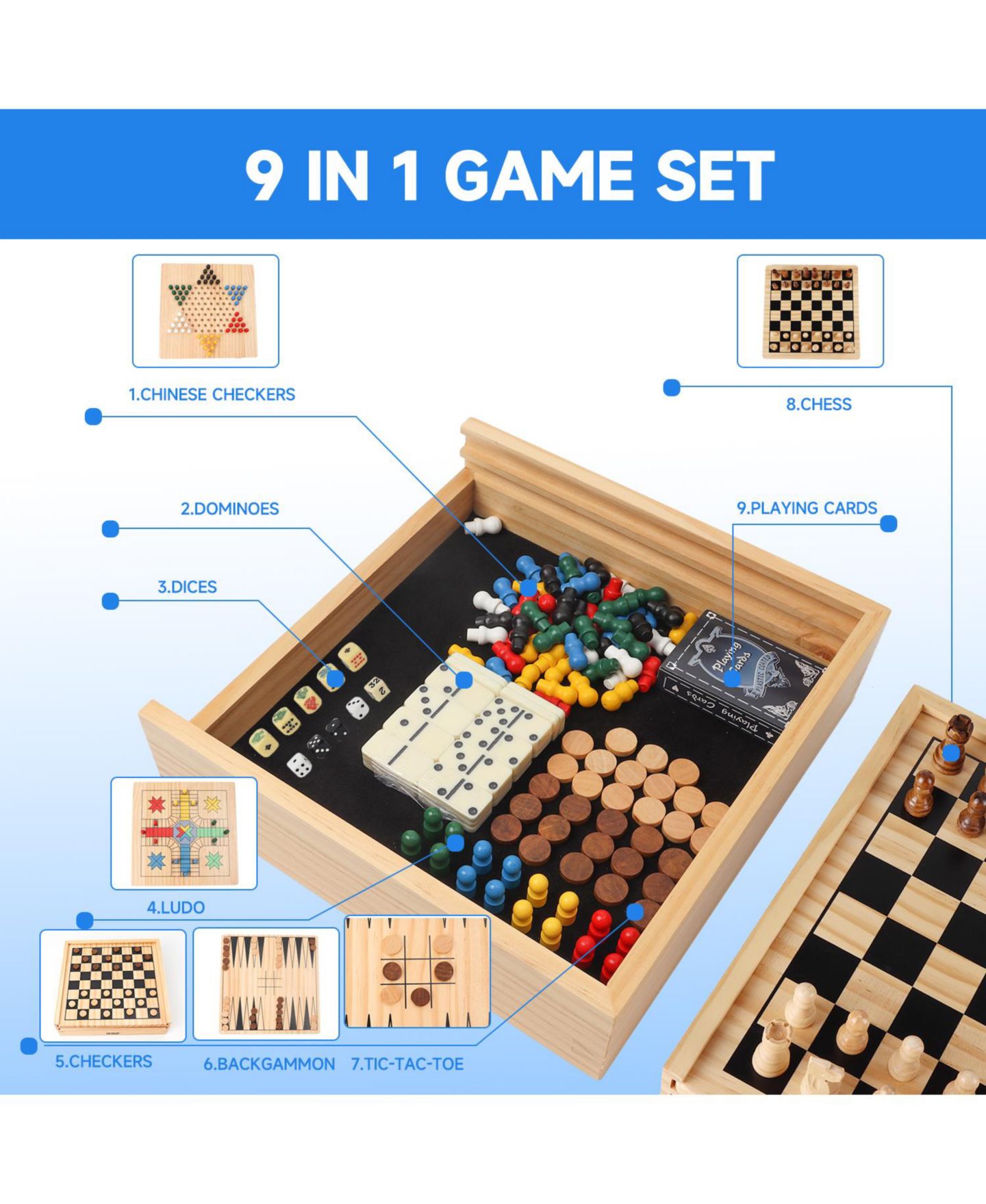 Детская настольная игра GSE Games & Sports Expert 9-in-1 Wooden Board Game, Ages 6+ — фото 2
