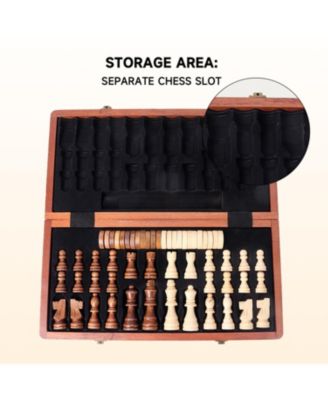 15" Large Wooden Folding 2-in-1 Chess and Checkers Board Game Set with Chess Storage Slots Drawer