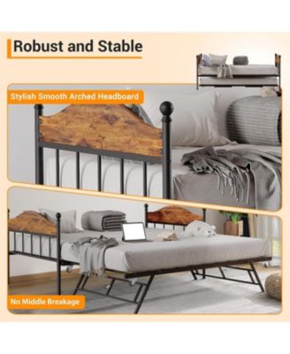 Twin Day Bed with Trundle Bed, Modern Sofa Bed Frame with Foldable Design, Metal Bed Frame & Heavy Duty Steel Slats