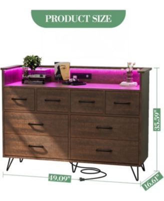 Dresser for Bedroom with LED Light & Charging Station, 8 Drawers Wooden Dressers with Open Space, Modern Chest of Wide Drawers for Living Room