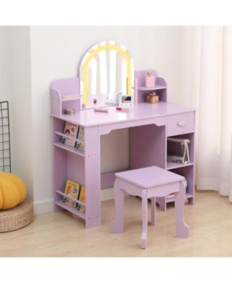 Kids Vanity Lighted Mirror - 2 in 1 Little Girls Vanity Table and Stool - Kids Makeup for Bedrooms, Apartments