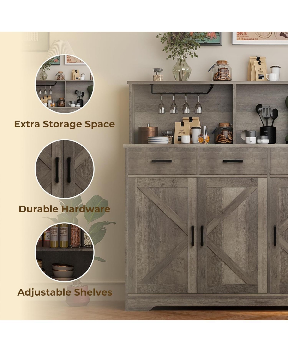 Gaomon Wooden Buffet Cabinet with Barn Doors, Microwave Stand, Drawers & Shelves – Coffee Bar Sideboard for Kitchen or Living Room