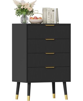 fluted 4-drawer tall dresser with gold metal handles, wooden storage chest organizer for bedroom or living room