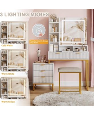 Vanity Desk Mirror and Lights Fluted Vanity Desk for Bedrooms, Apartments, Easy to Assemble