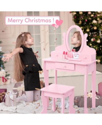 Kids Vanity Set with Mirror and Stool, Girls Wooden Makeup Playset