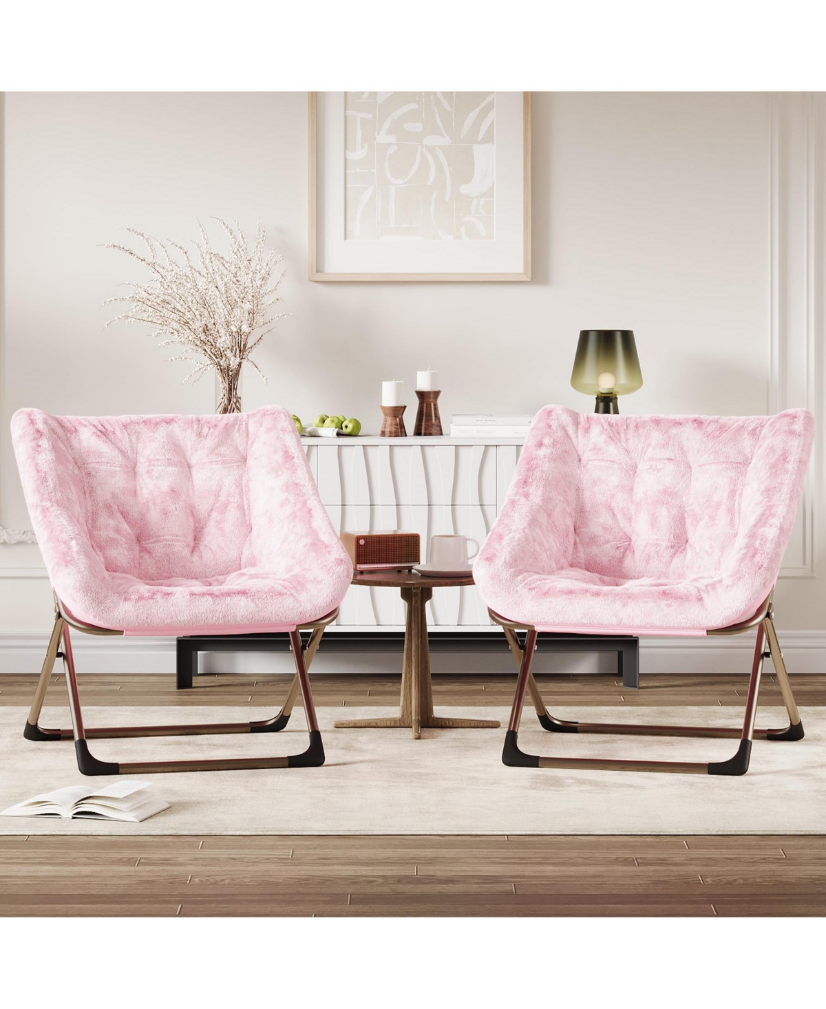 gaomon Rabbit Fur Foldable Dish Saucer Chair, Durable Metal Frame Lounge Chair for Kids Teens Adults, Soft Cozy Seating