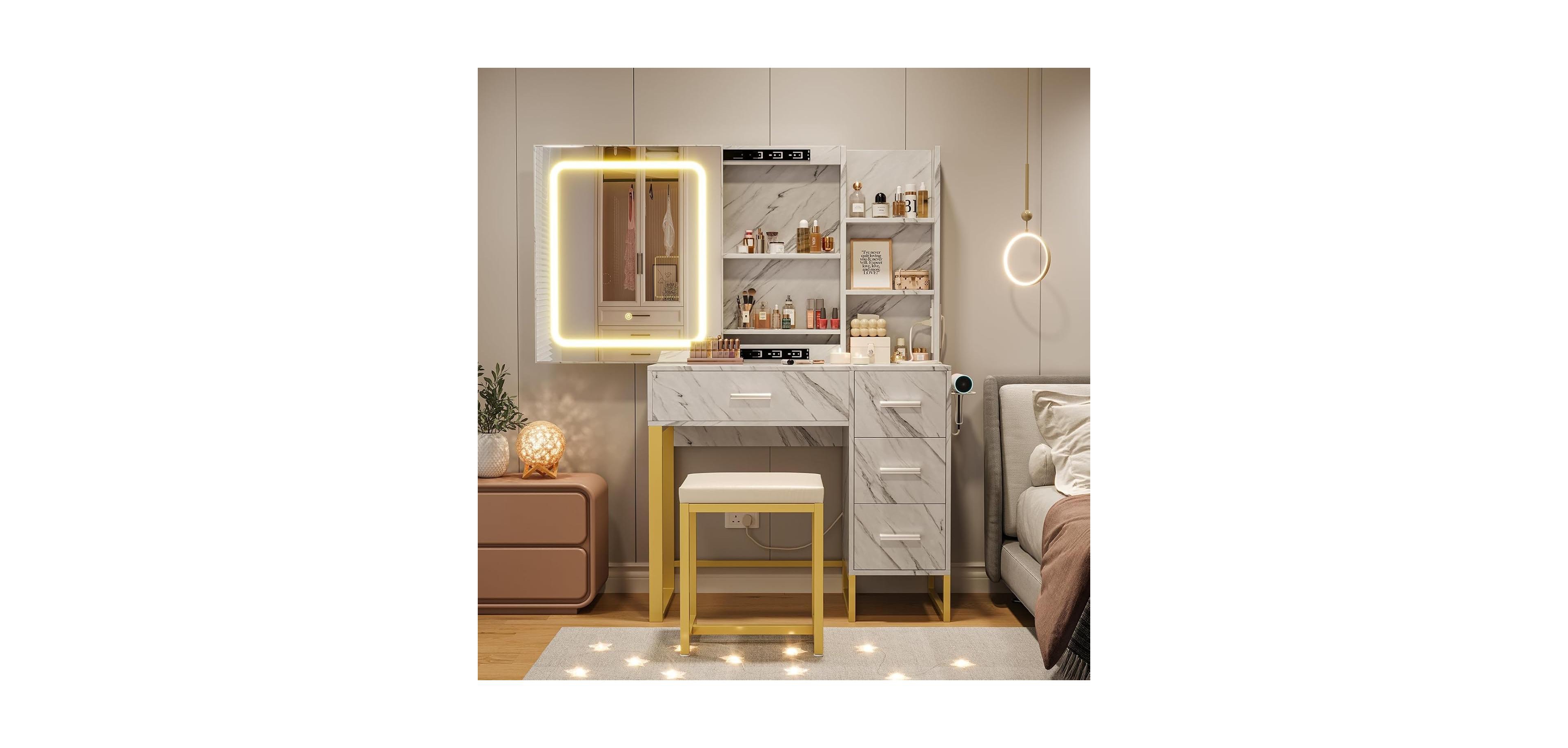Gaomon Vanity Desk Lights and Power Outlets - Makeup Table Charging Station for Bedrooms, Apartments, Easy to Assemble