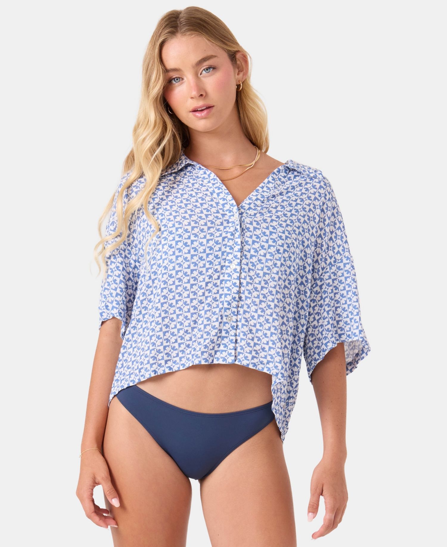 Juniors' Hazy Dazy Crop Button-Up Swim Shirts