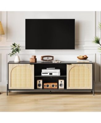 TV Stands for Living Room, Tv Stand for 75 inch TV with Adjustable Shelf & Rattan Door