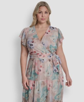 Plus Size Ruffle Short-Sleeve V-Neck Tie Waist Maxi Dress