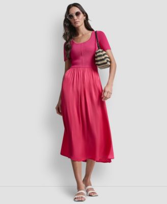 Women's Short-Sleeve Mixed Media Midi Sweater Dress