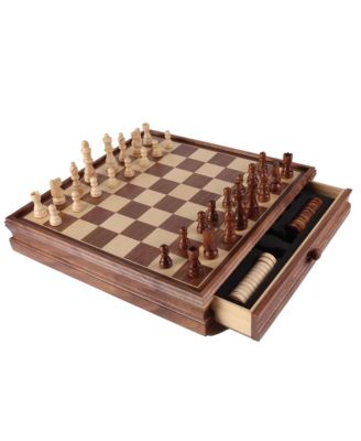 15" Large Wooden 2-in-1 Chess and Checkers Board Game Combo Set with Drawer, Chess Checker Game Set