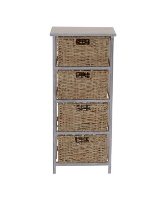 Storage Chest of 4 Drawers White Sollid Wood and Natural Wicker Baskets