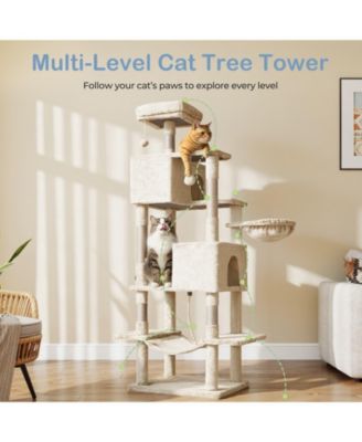 66in Cat Tree Tower: Large Multi-Cat Climbing, Extended Platform, Hammock, Pet House