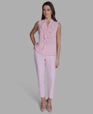 Women's Sleeveless V-Neck Ruffle Front Blouse