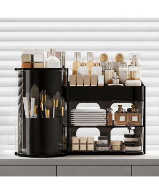 Elegant Makeup Organizer with Rotating Brush Holder & Drawers for Vanity Storage