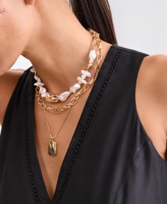 I.N.C. International Sculptural Nugget & Imitation Pearl Layered Pendant Necklace, 16" + 2" extender