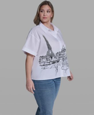 Plus Size Paris Scene Poplin Short-Sleeve Top