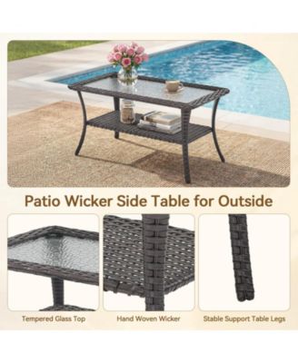 ArcLine Rectangle Wicker Outdoor Coffee Table with Tempered Glass Top and Storage Space
