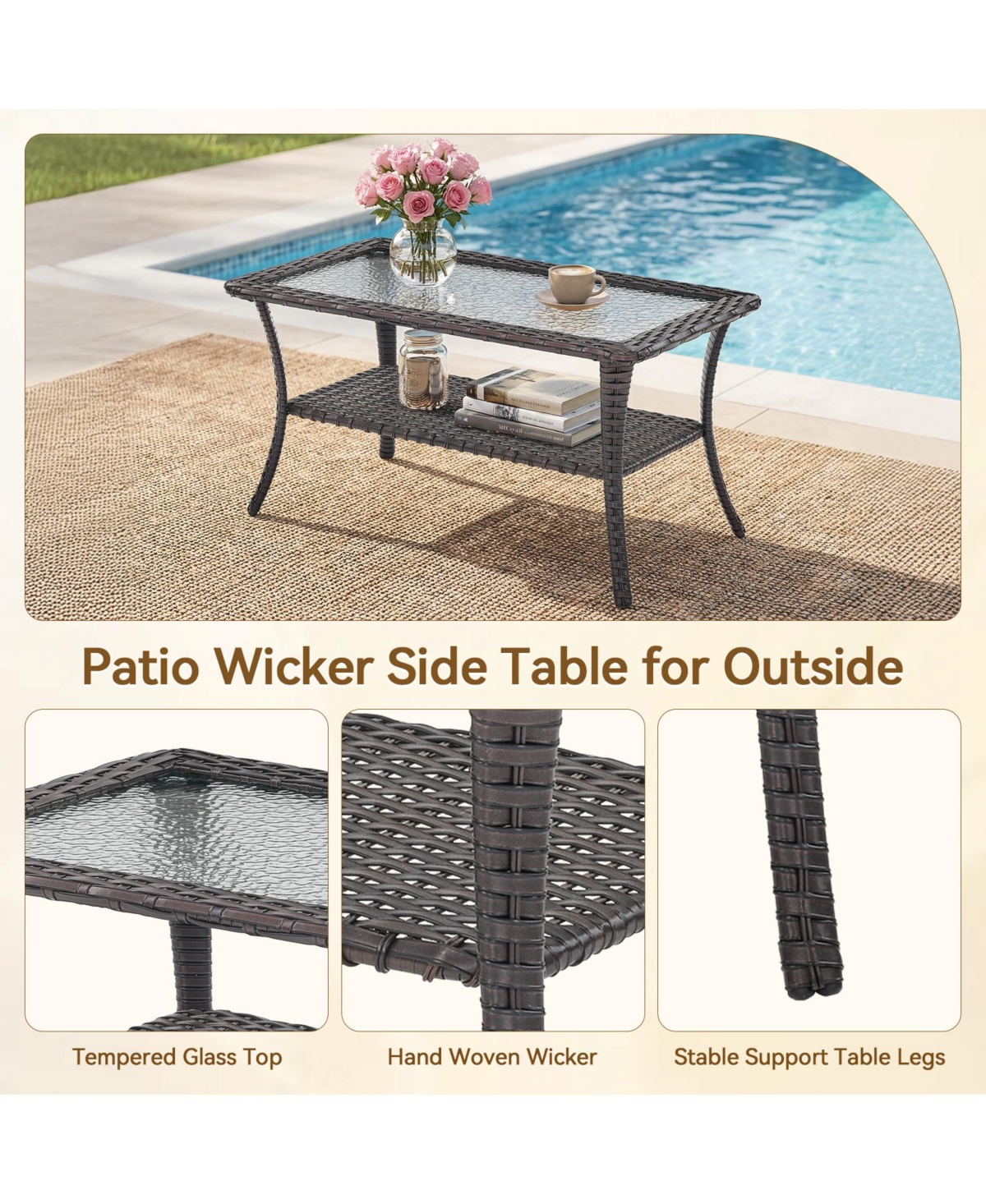 Gymojoy ArcLine Rectangle Wicker Outdoor Coffee Table with Tempered Glass Top and Storage Space