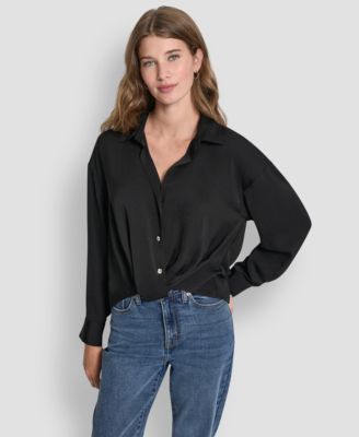 Women's Long-Sleeve Rhinestone Button Front Shirt With Twist Hem