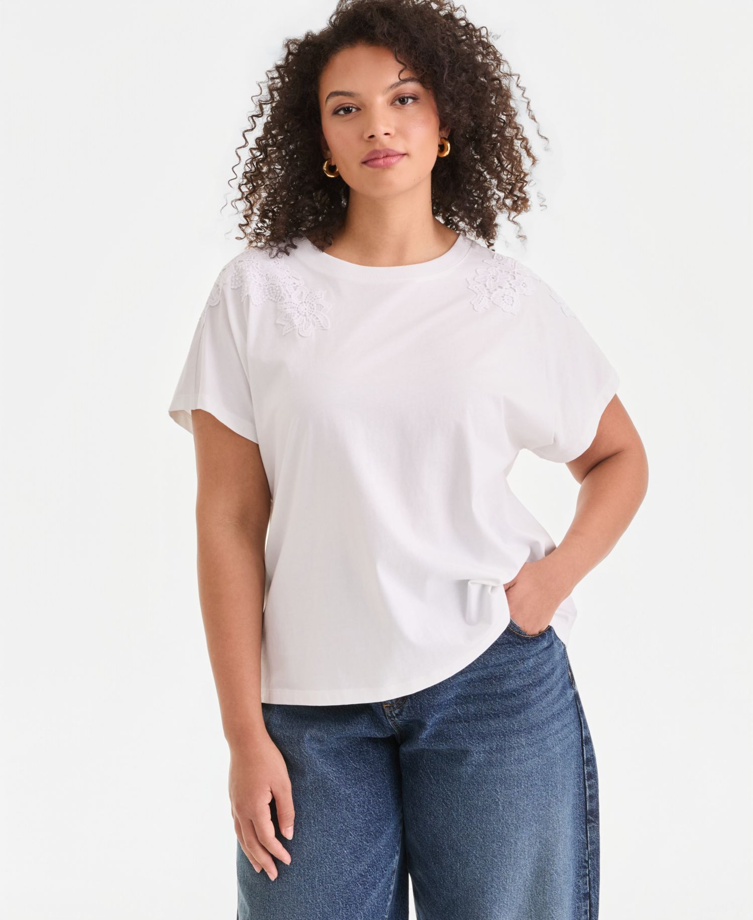 Plus Size Short-Sleeve Lace-Shoulder Tee