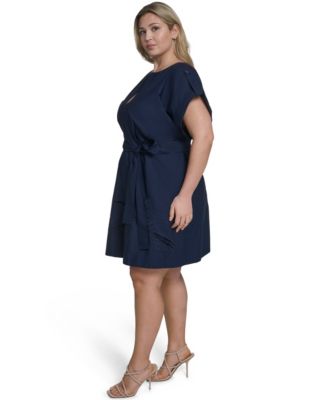 Plus Size Tie Waist Cap-Sleeve Shift Dress