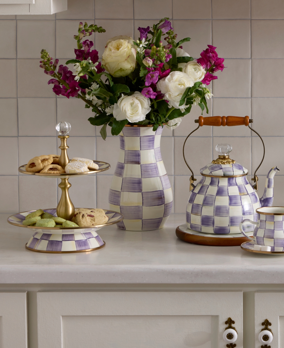 MacKenzie-Childs Violet Check Handmade Tall Vase