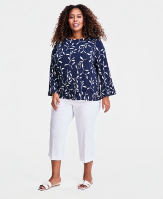 Plus Size Winding Leaves Flare Sleeve Boat Neck Top