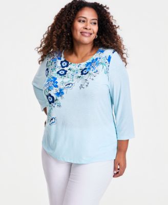 Plus Size Printed Jacquard 3/4-Sleeve Top