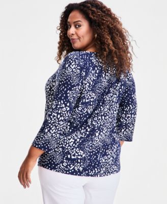 Plus Size Printed Jacquard 3/4-Sleeve Top