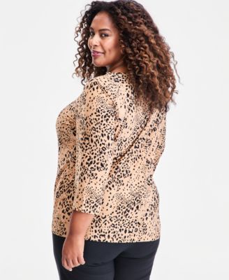 JM Collection Plus Size Printed Jacquard 3/4-Sleeve Top