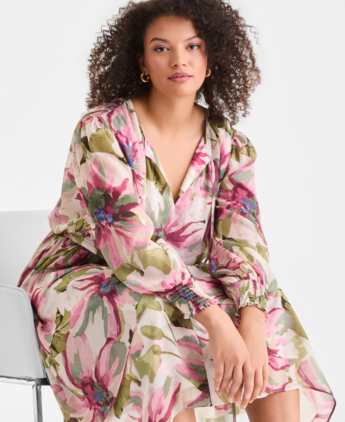 I.n.c. International Concepts Plus Bubble-Sleeve Tie-Waist Tiered Dress, Created for Macy's