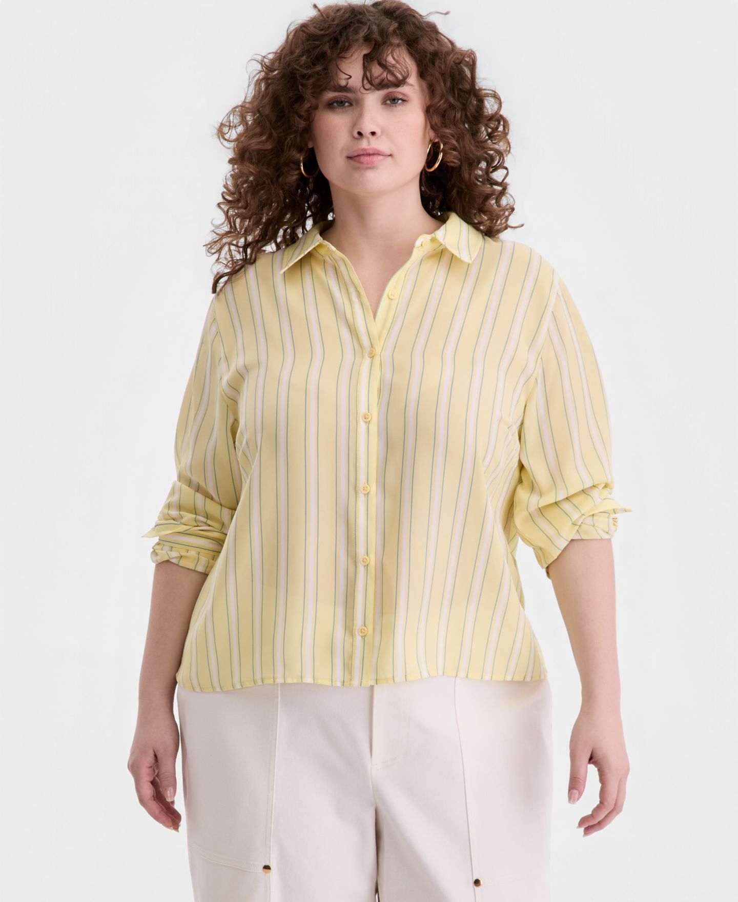Женская рубашка On 34th Trendy Plus Size Printed Bayside Cropped Silky, цвет: Light Daffdl Cm — фото 1