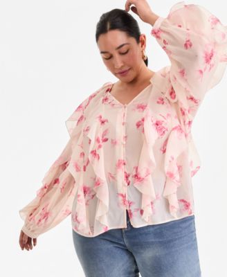 Plus Size Printed V-Neck Ruffled Blouse