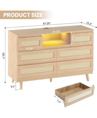 Rattan 6 Drawer Dresser for Bedroom, Modern Farmhouse Wood Closet Dresser, Compact Chest of Drawers