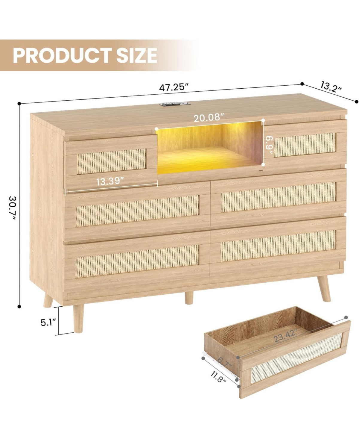 gaomon Rattan 6 Drawer Dresser for Bedroom, Modern Farmhouse Wood Closet Dresser, Compact Chest of Drawers