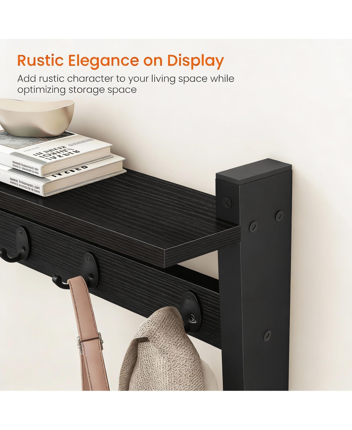 Yigii Black Oak Finish Coat Rack with Hooks and Shelf