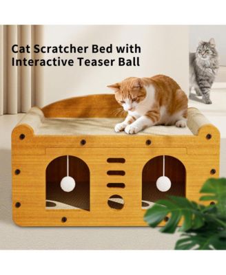 Elevated Wooden Cat Bed & Condo with Scratching Pad & Interactive Toys