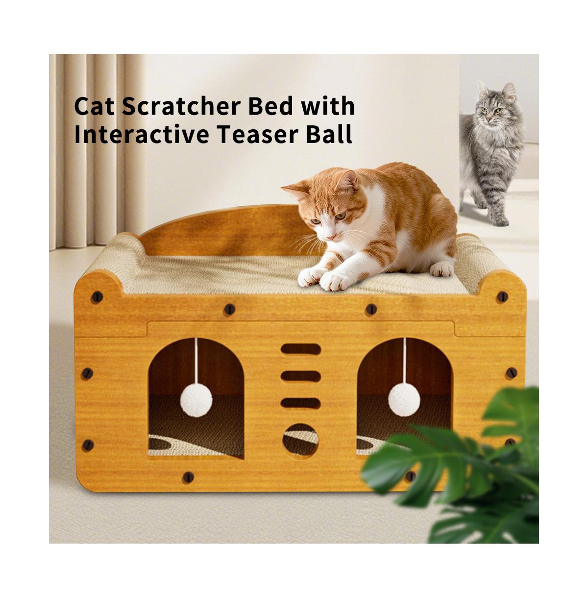 Aostirmotor Elevated Wooden Cat Bed & Condo with Scratching Pad & Interactive Toys