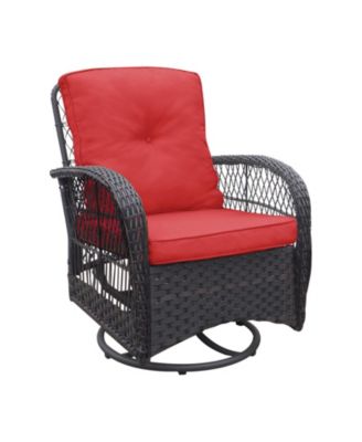 3 Piece Outdoor Wicker Rocker Swivel Patio Bistro Conversation Set with Glass Top Side Table Red