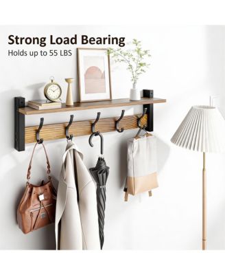 5-Hook Wall Coat Rack with Shelf, 80 lbs Capacity, Vintage Brown