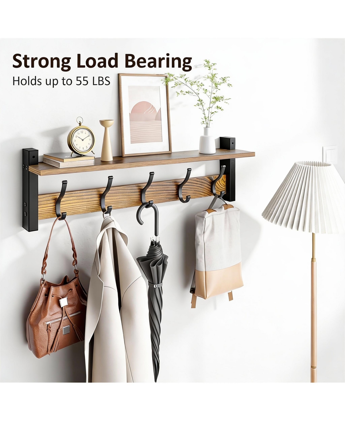 Yigii 5-Hook Wall Coat Rack with Shelf, 80 lbs Capacity, Vintage Brown