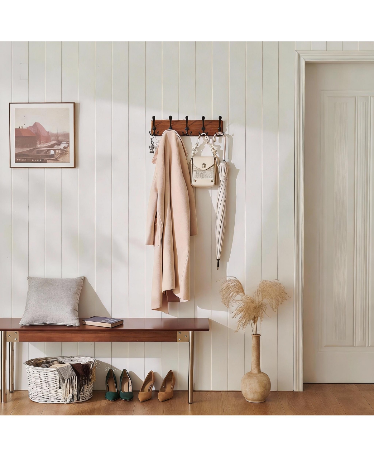 Yigii Rustic Iron Hooks Wall Rack, 5 Hooks, 45lb Load, Natural Pine Base