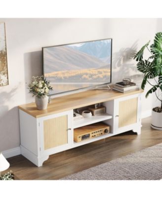 Rattan TV Stand for 65 in TV, Boho Entertainment Center with Cabinets & Open Shelves
