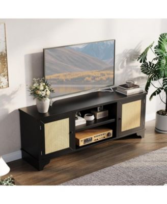 Rattan TV Stand for 65 in TV, Boho Entertainment Center with Cabinets & Open Shelves